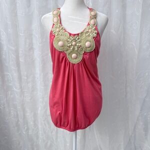MM Salmon Beaded Halter Neck Bubble Tank Top Y2K Embellished Medium 87064PRS